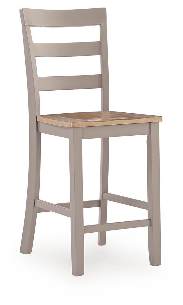 Gray barstool with natural wood seat, horizontal slat back, and footrest