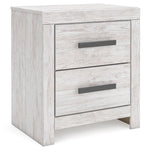 Whitewash two-drawer night stand with dark bar drawer pulls