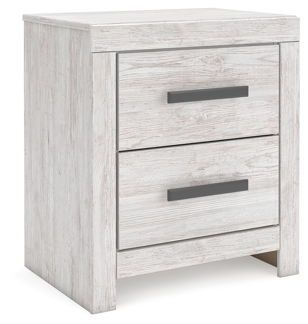 Whitewash two-drawer night stand with dark bar drawer pulls