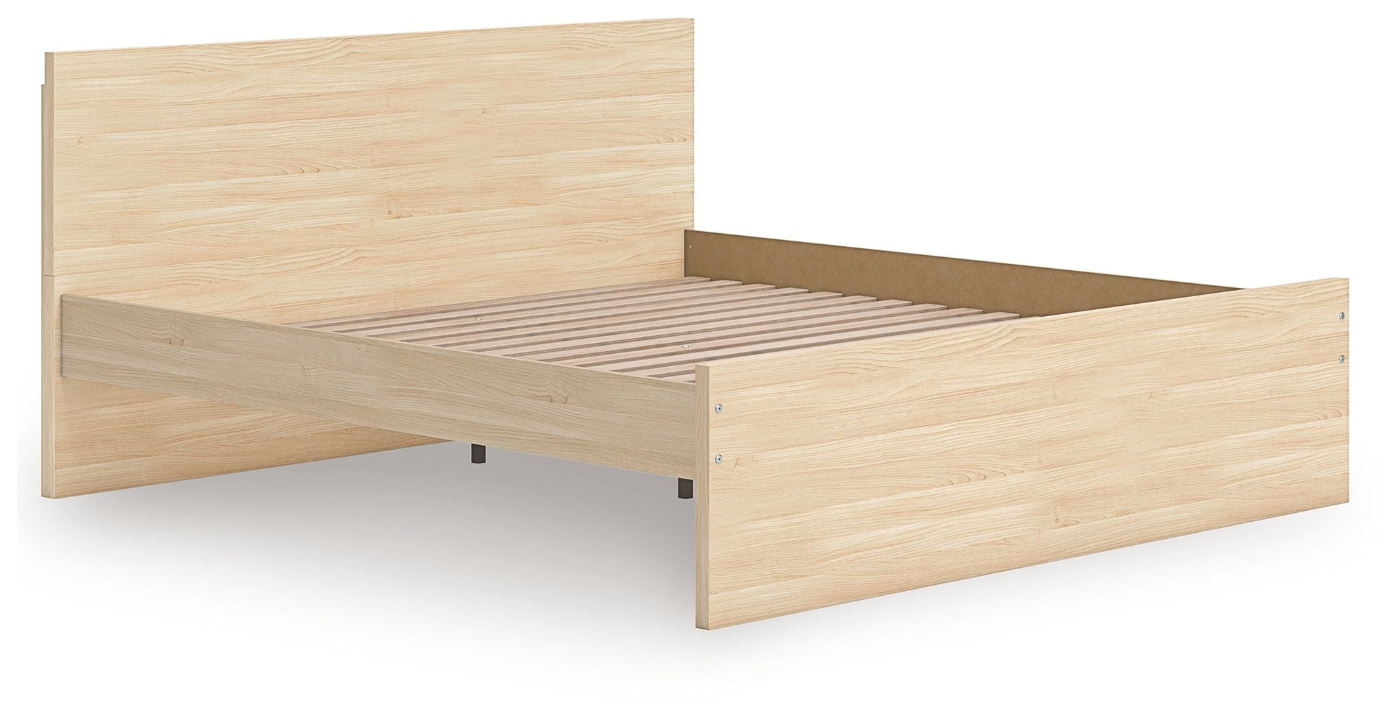 Light brown panel platform bed with slatted storage base exposed and support legs