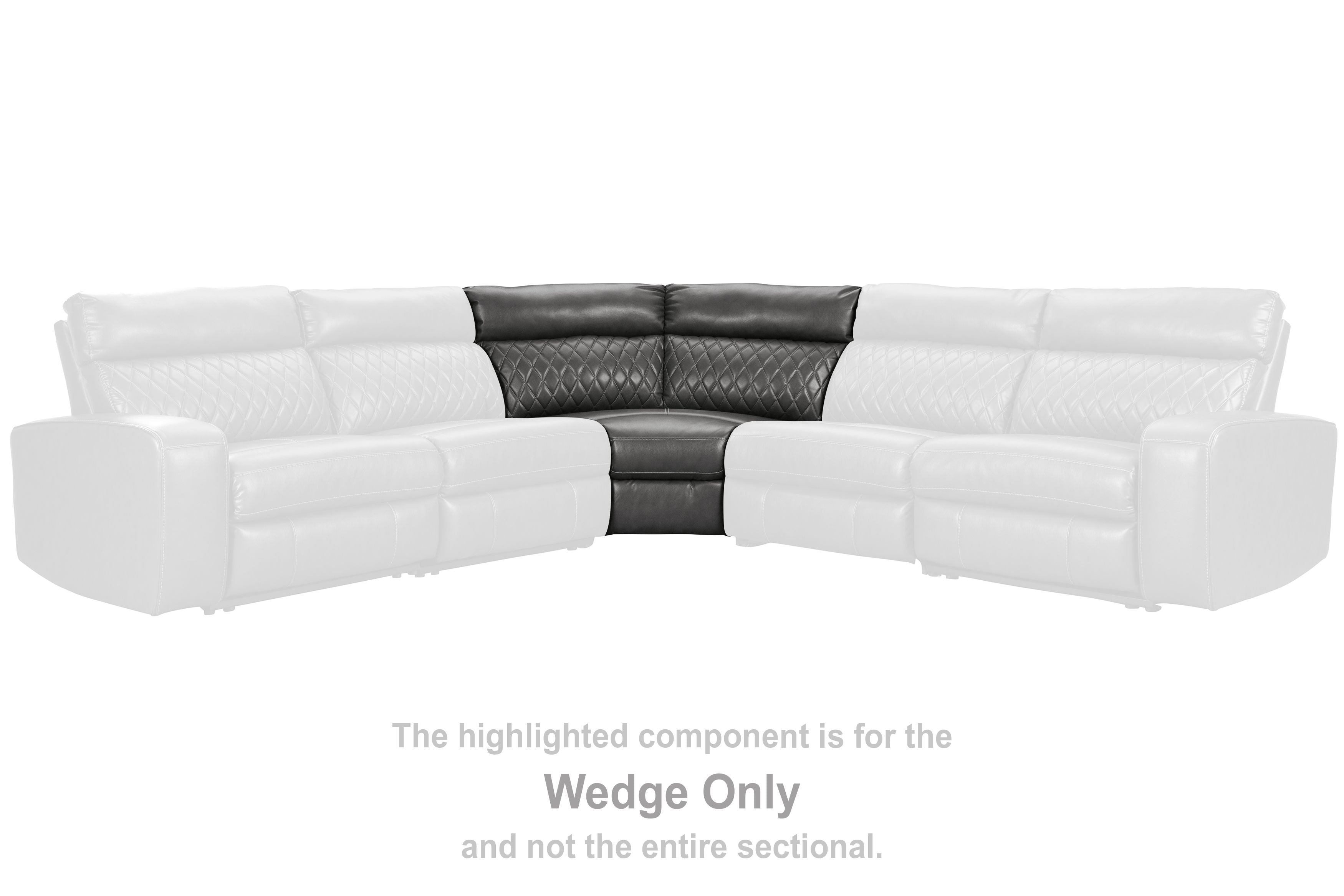 Gray wedge sectional piece with dark back panel and diamond-stitched upholstery