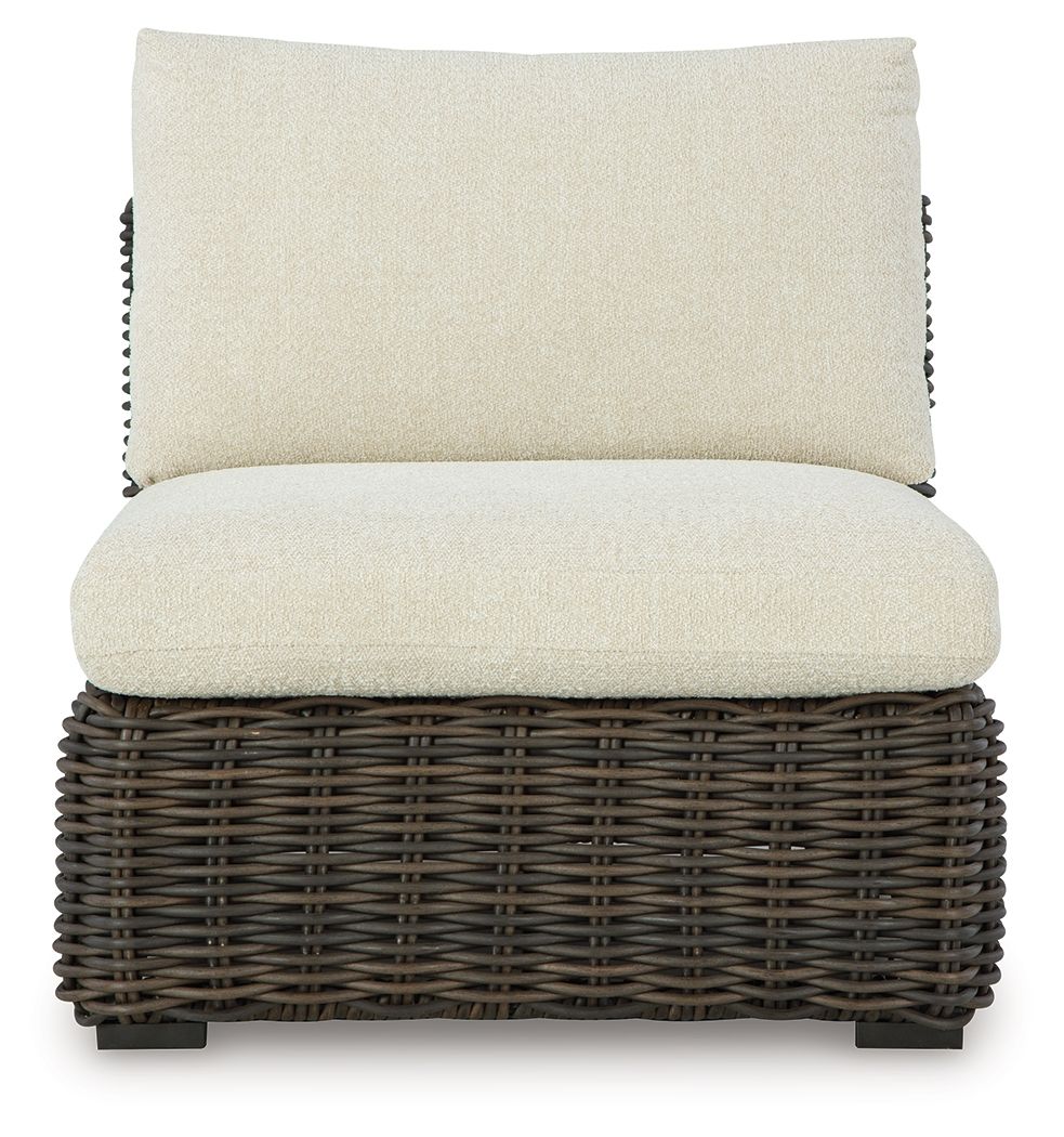 Armless wicker chair with beige seat cushion and back cushion, dark brown
