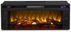 Rectangular black fireplace insert with front glass and glowing log set, top control lights