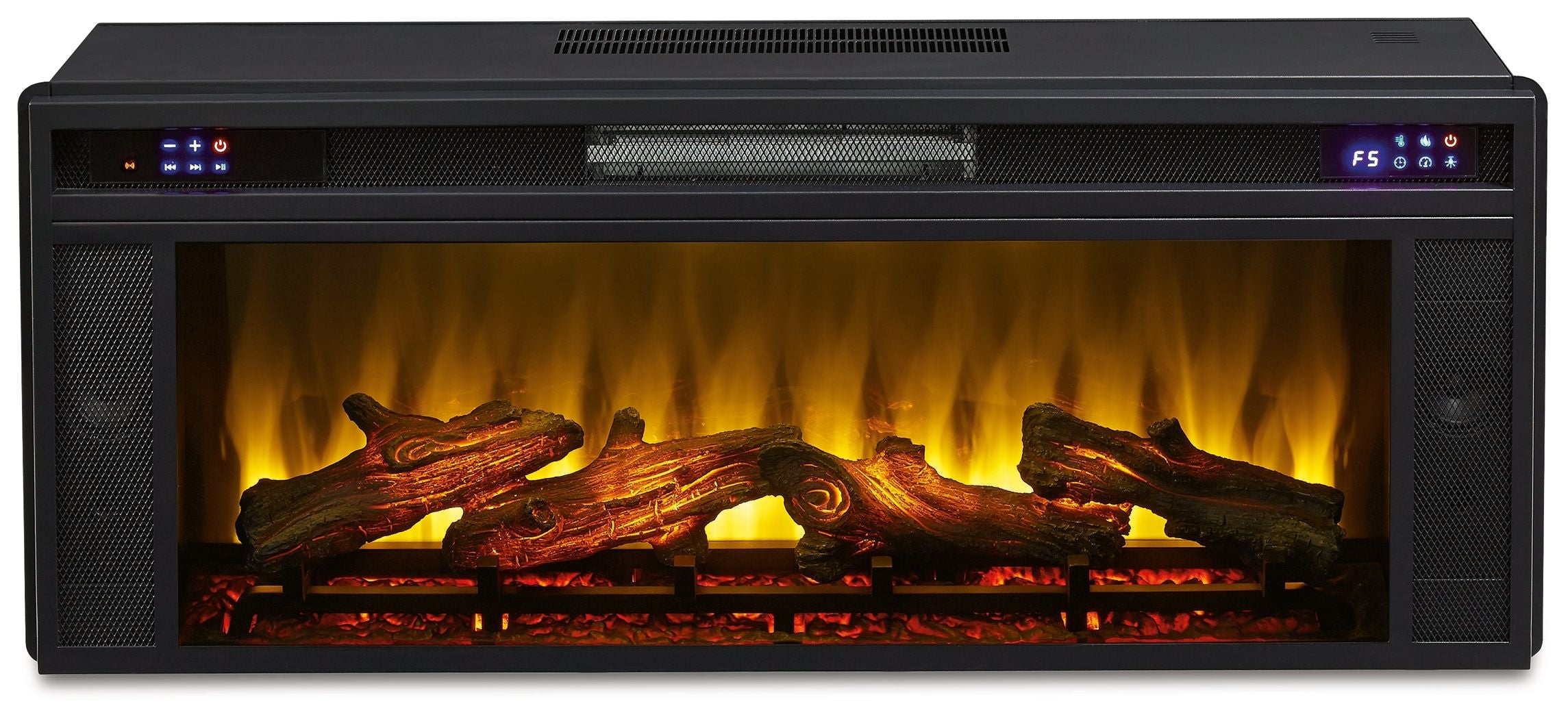 Rectangular black fireplace insert with front glass and glowing log set, top control lights