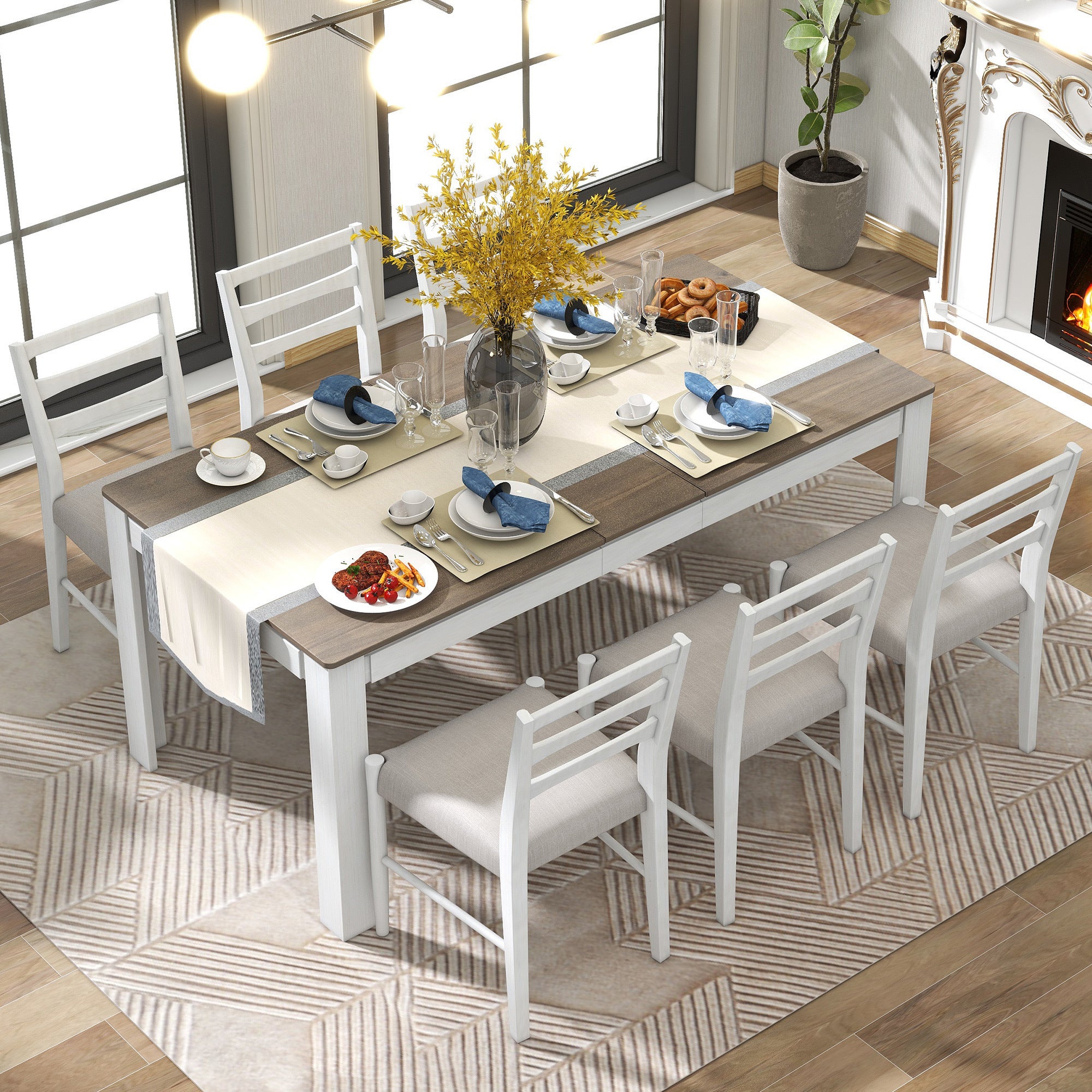 7-Pc. Extendable Dining Table Set w/ Chairs (Brown+White)