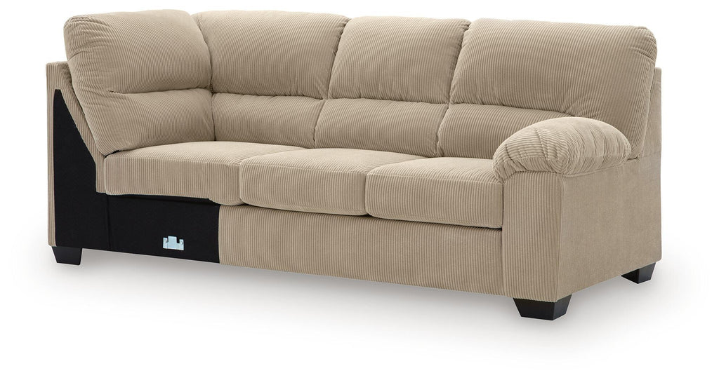 Sand fabric sofa with rounded arms and corner wedge, tufted back and seat