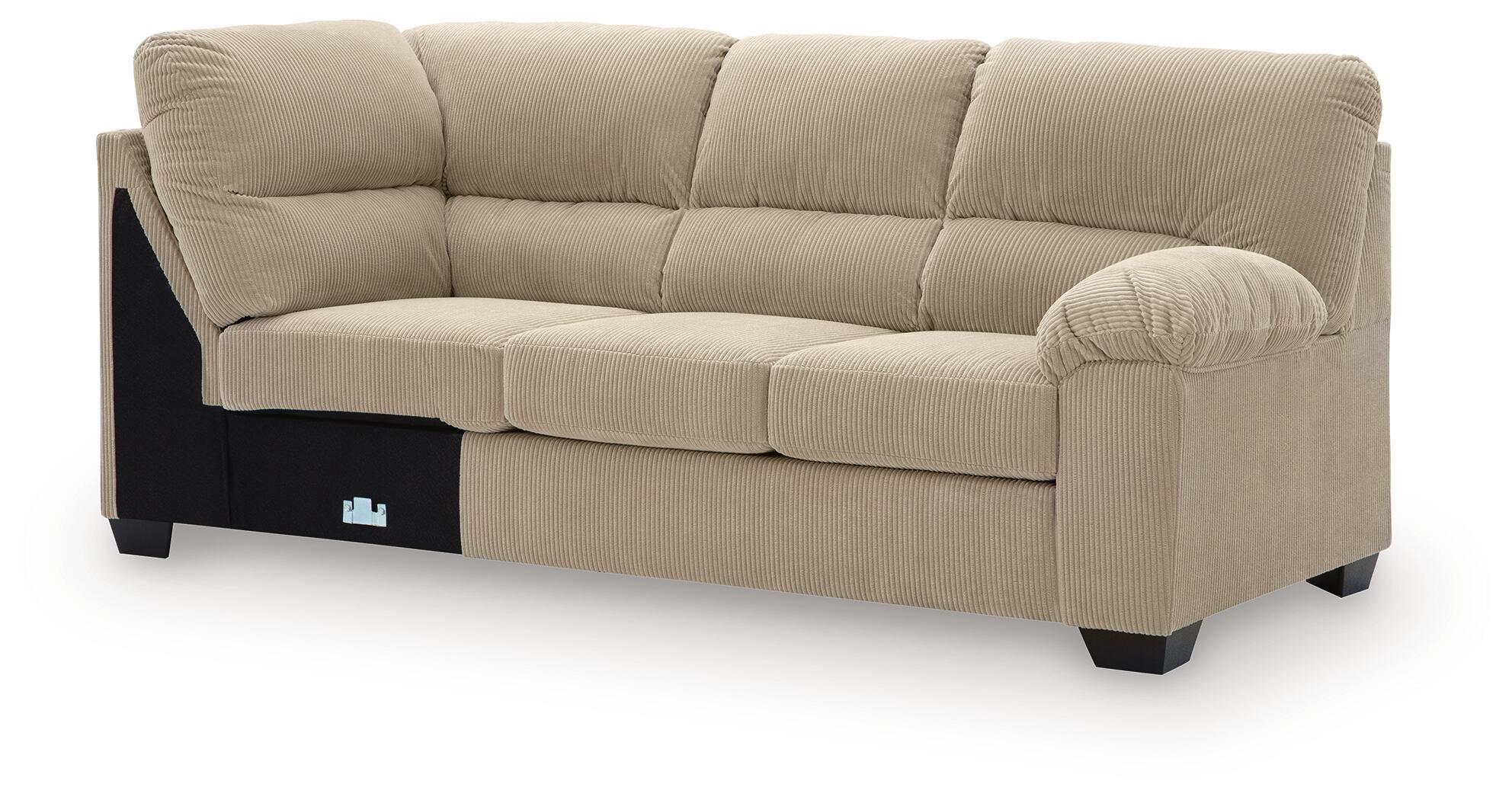 Sand fabric sofa with rounded arms and corner wedge, tufted back and seat
