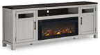 Gray TV stand with electric infrared fireplace insert and two cabinet doors