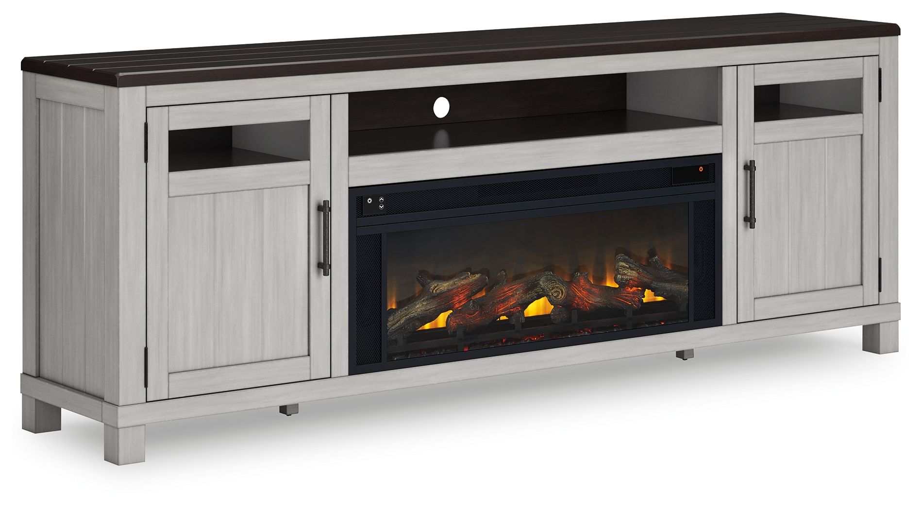 Gray TV stand with electric infrared fireplace insert and two cabinet doors
