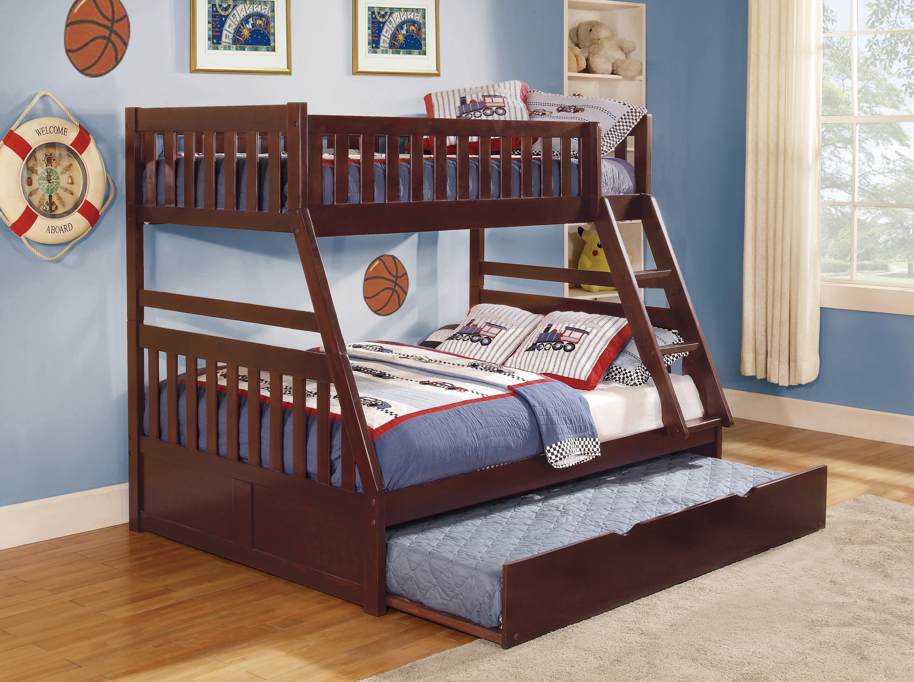 Twin/Full Bunk Bed with Trundle - Dark Cherry Wooden Bedroom Furniture