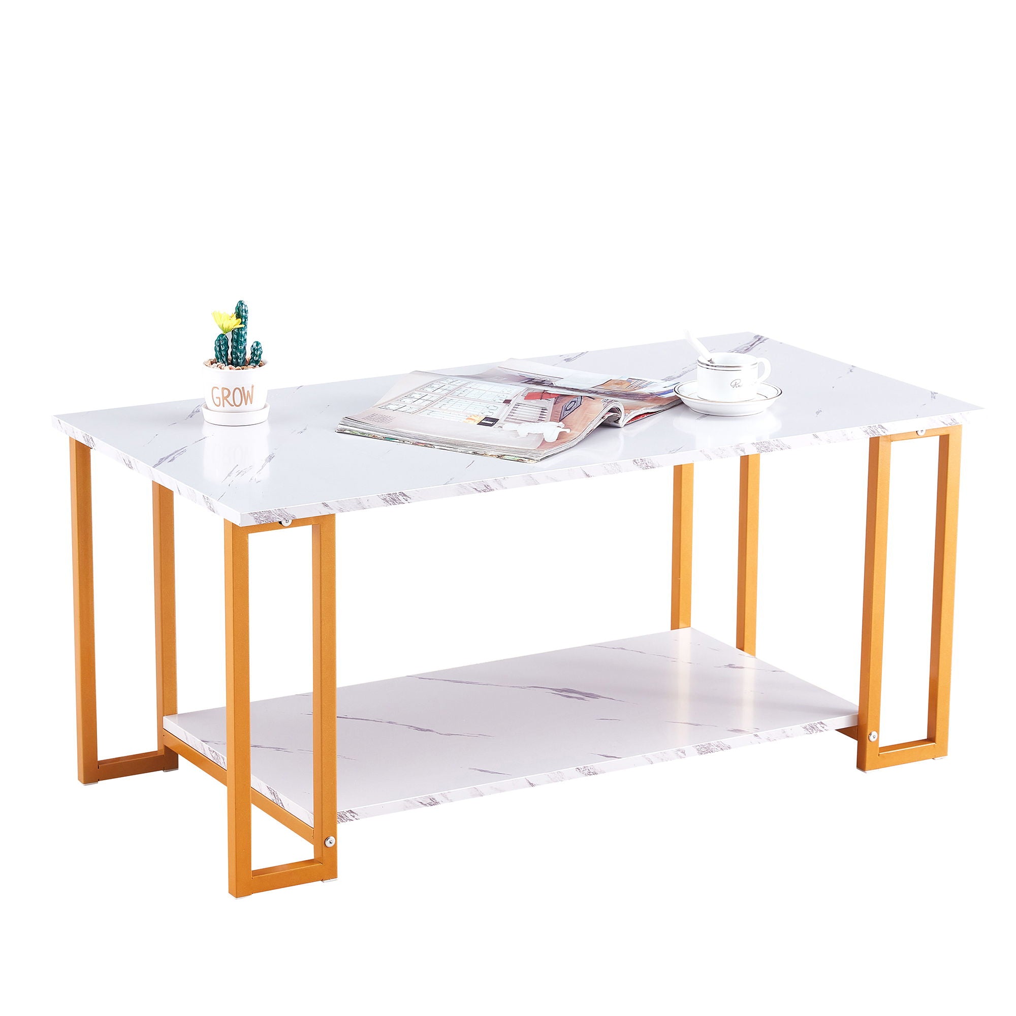 D & N Coffee Table, 2 Layers 1.5Cm Thick Marble MDF Rectangle 39.37" L Tabletop Iron Coffee Table, Dining Room, Coffee Shop, Resterant - White Top, Gold Leg