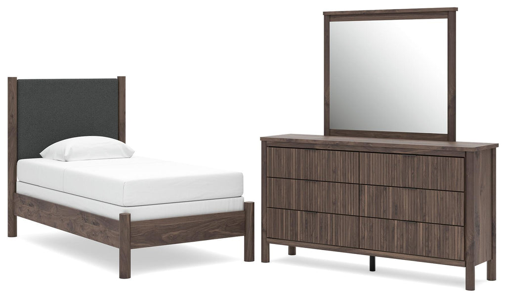 Dark brown upholstered panel bed and matching dresser with mirror, 3-piece set