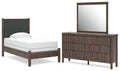 Dark brown upholstered panel bed and matching dresser with mirror, 3-piece set