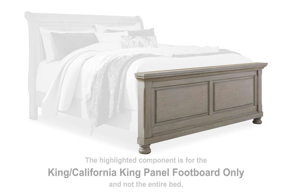 Light gray panel footboard with two inset panels and turned legs