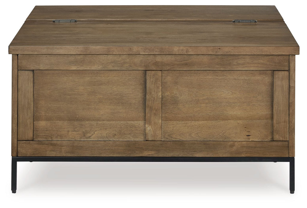Brown lift-top cocktail table with hinged top and two front panel doors