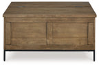 Brown lift-top cocktail table with hinged top and two front panel doors