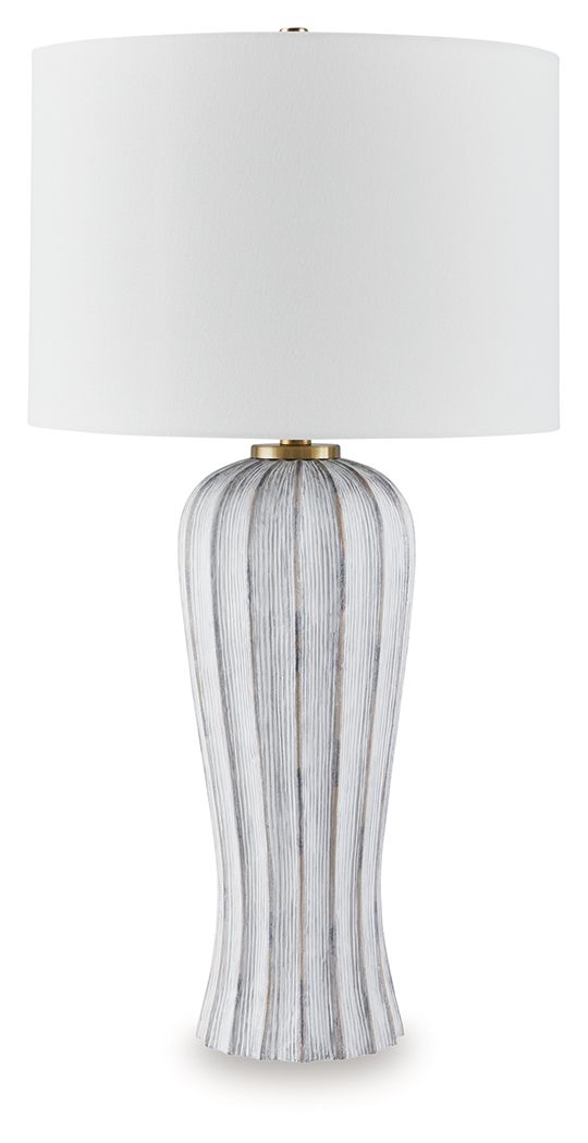Poly table lamp with white drum shade and antique gray striped base