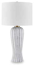 Poly table lamp with white drum shade and antique gray striped base