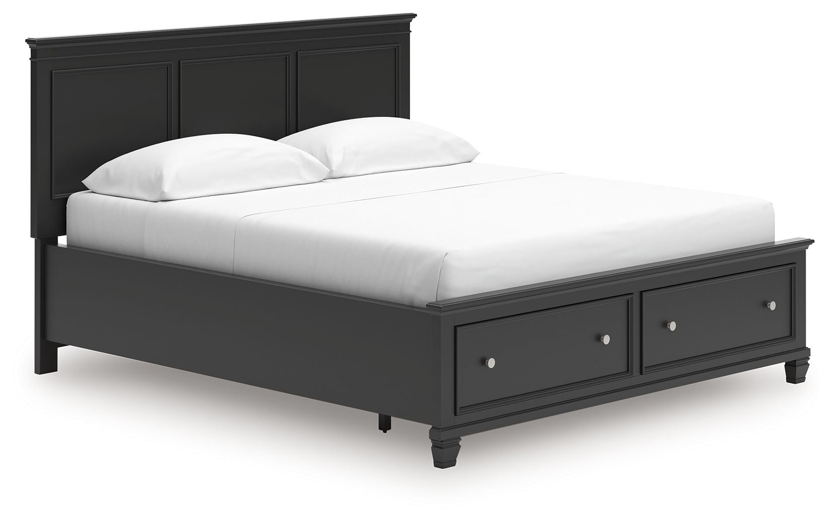 Black panel bed with two front drawers and a white upholstered mattress and pillows.