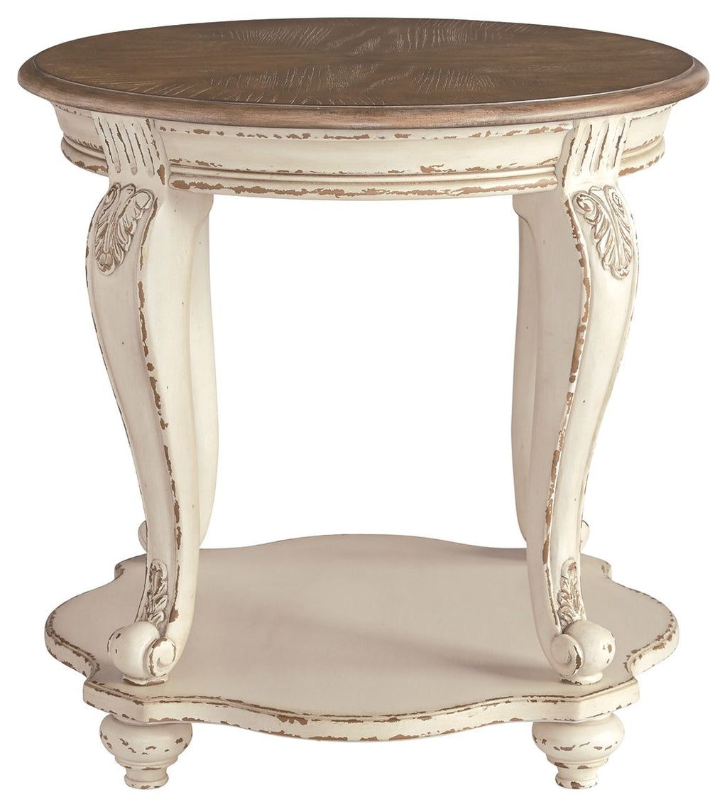 Round end table with brown tabletop and white distressed pedestal legs