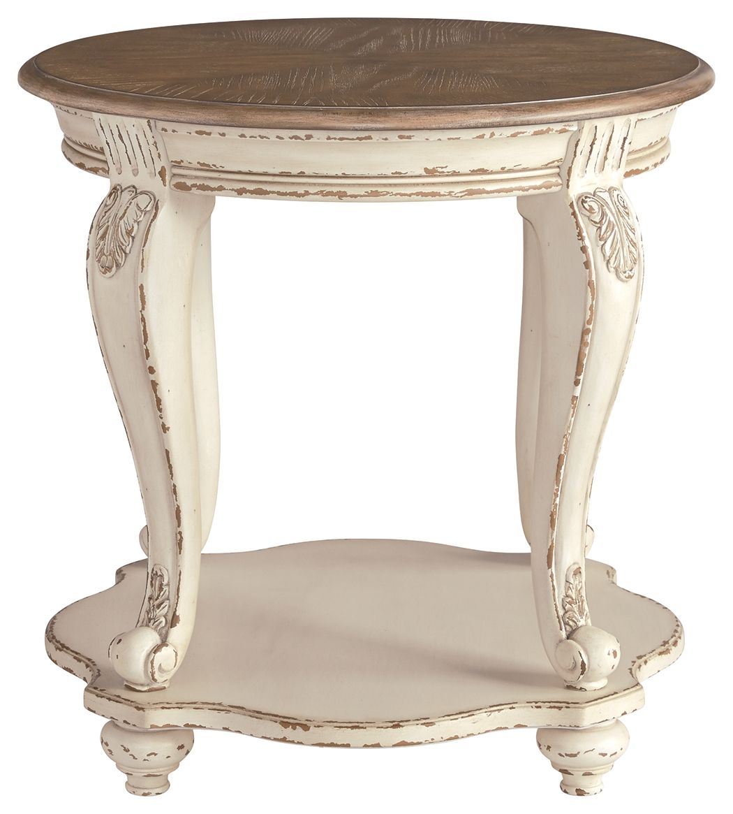 Round end table with brown tabletop and white distressed pedestal legs