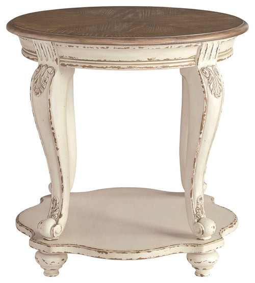 Round end table with brown tabletop and white distressed pedestal legs