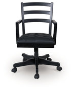Swivel desk chair with black ladder back and dark padded seat, star base and casters