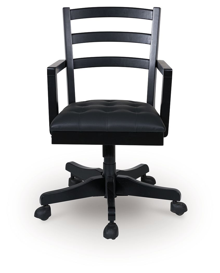Swivel desk chair with black ladder back and dark padded seat, star base and casters