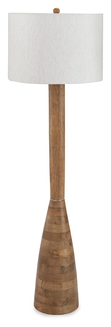 Wood floor lamp with cylindrical natural brown wooden base and white fabric shade