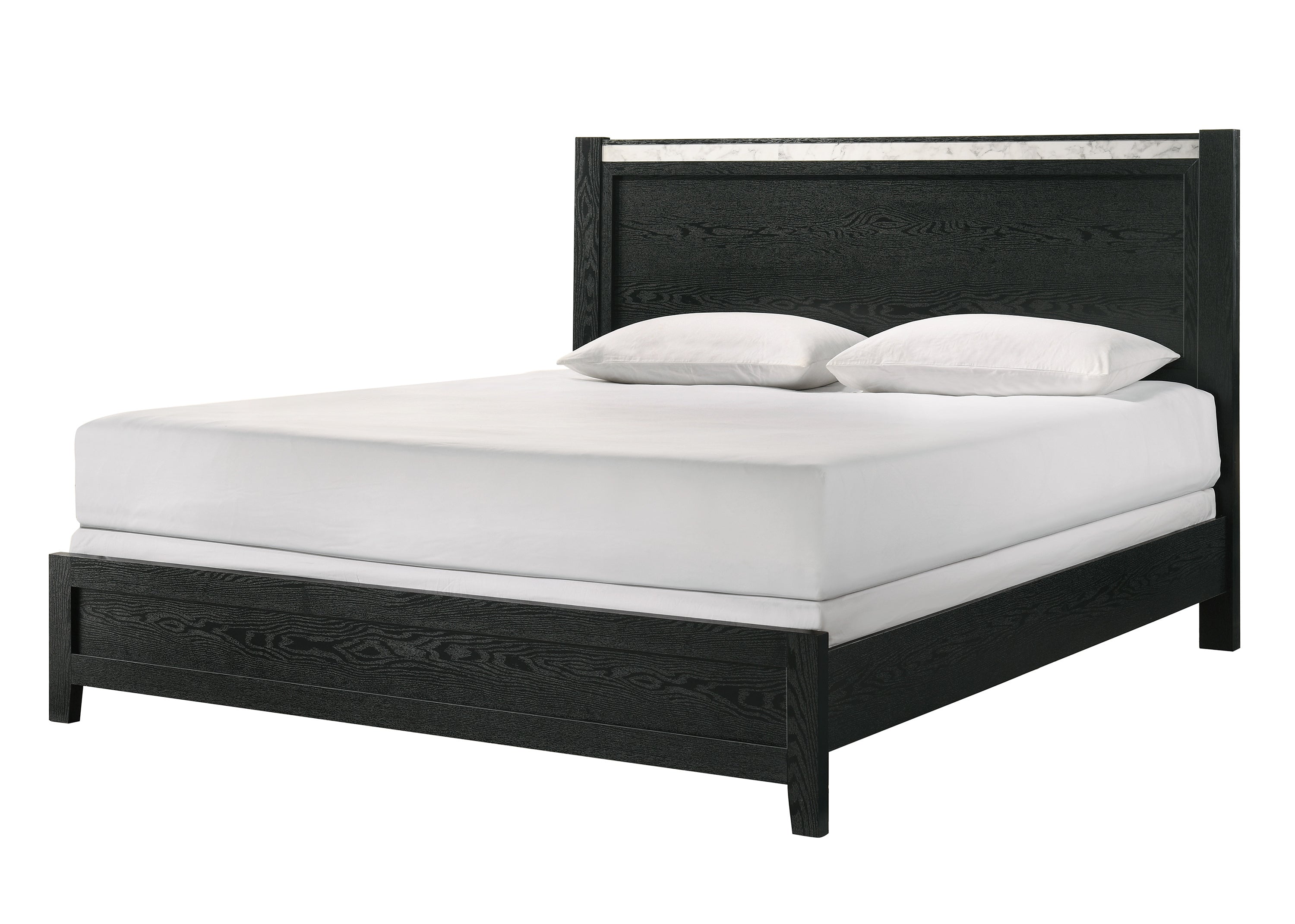 Black Queen Panel Bed - Contemporary Faux Marble Accents Bedroom
