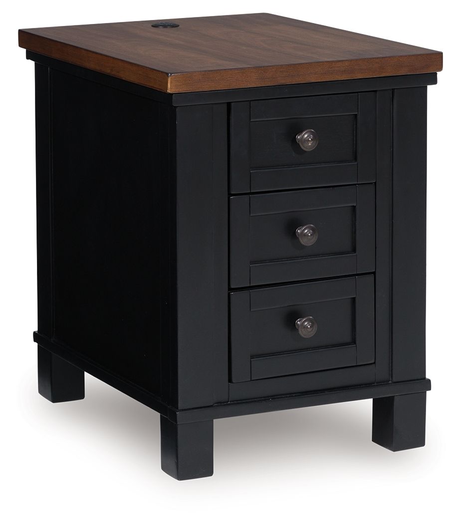 Brown-and-black chair side end table with three drawers and round metal knobs