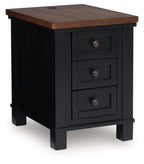 Brown-and-black chair side end table with three drawers and round metal knobs