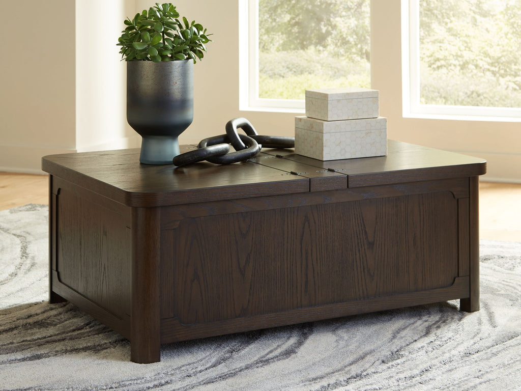 Dark brown wood lift-top coffee table with storage front panel and square legs