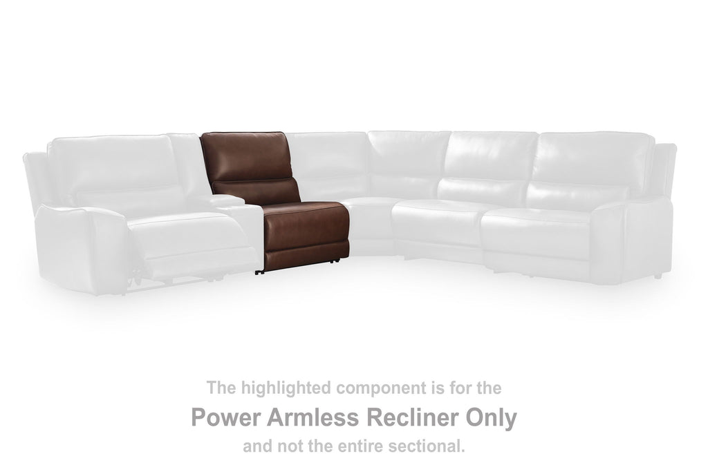 Brown armless recliner highlighted, with adjustable headrest and power base