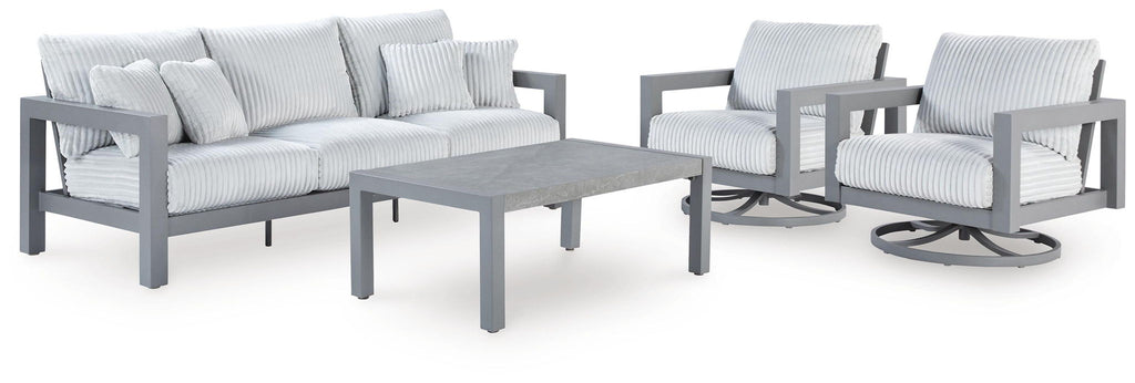 Gray outdoor sofa set with two lounge chairs and coffee table