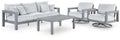 Gray outdoor sofa set with two lounge chairs and coffee table