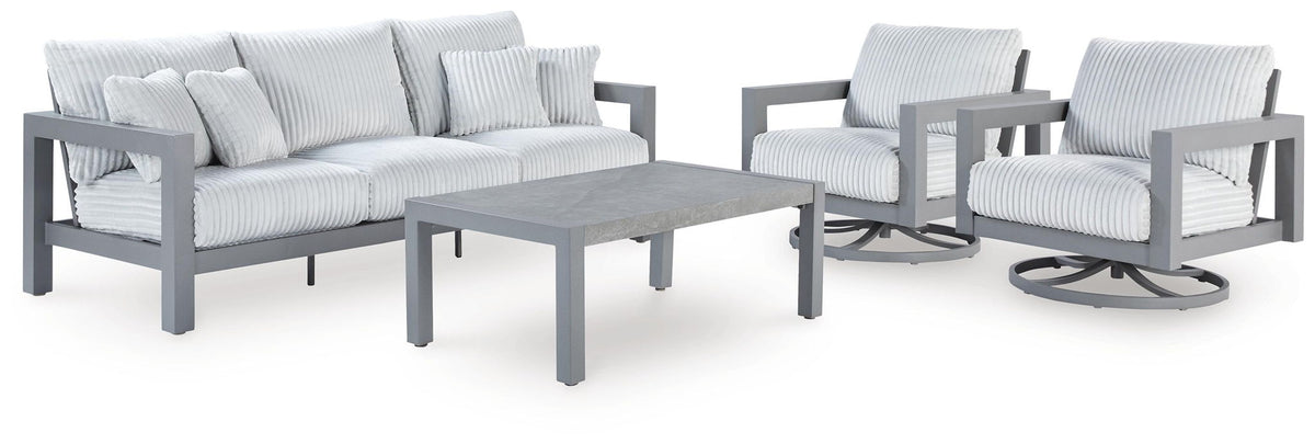 Gray outdoor sofa set with two lounge chairs and coffee table