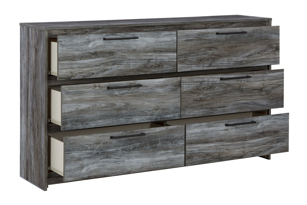 Gray six-drawer dresser, angled view, smooth fronts with bar drawer pulls