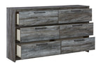Gray six-drawer dresser, angled view, smooth fronts with bar drawer pulls