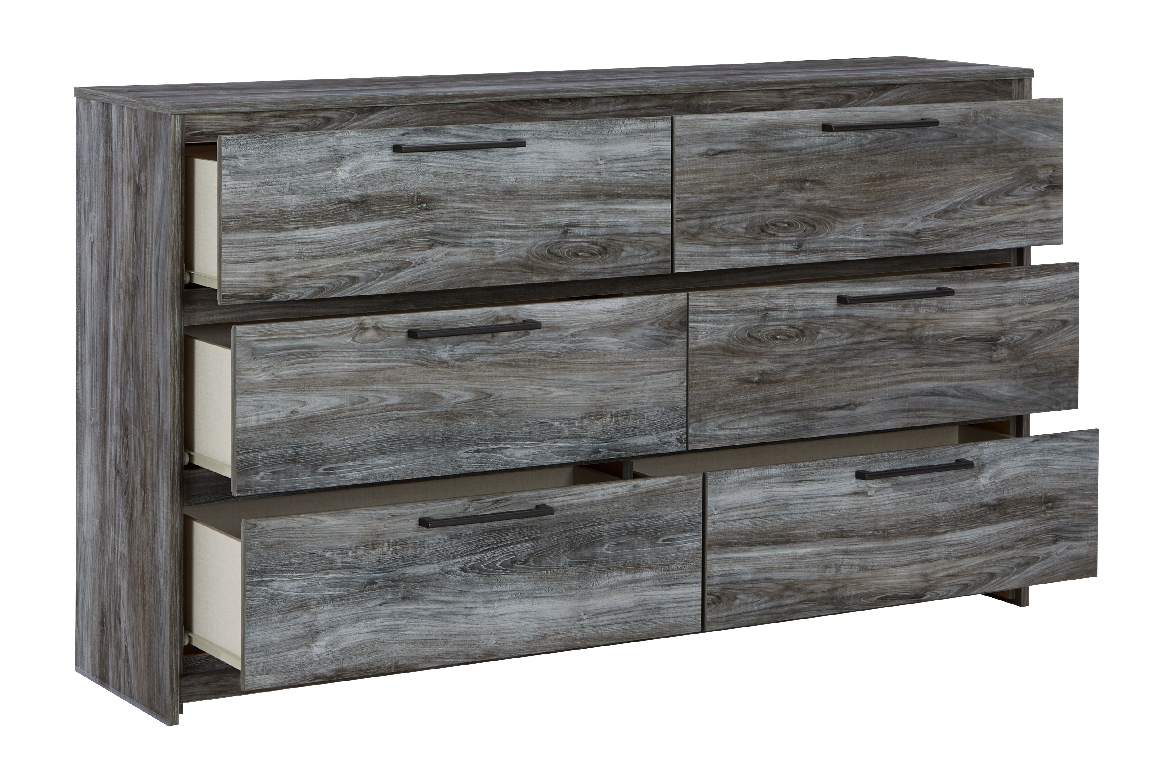 Gray six-drawer dresser, angled view, smooth fronts with bar drawer pulls