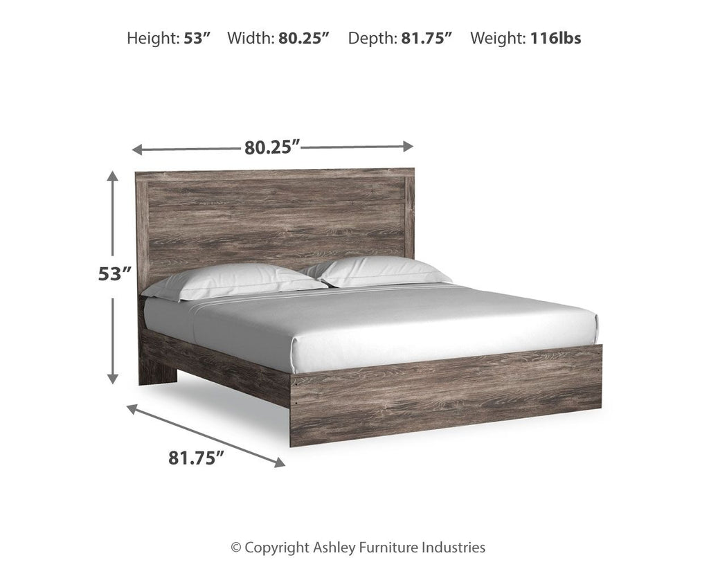 Dark gray wood-look panel bed with white mattress in front-view diagram