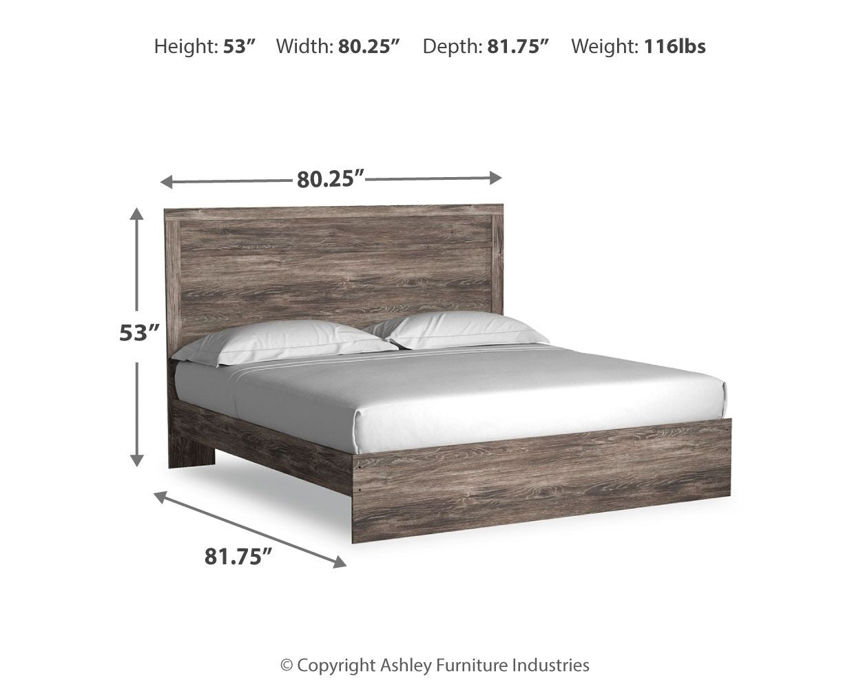 Dark gray wood-look panel bed with white mattress in front-view diagram