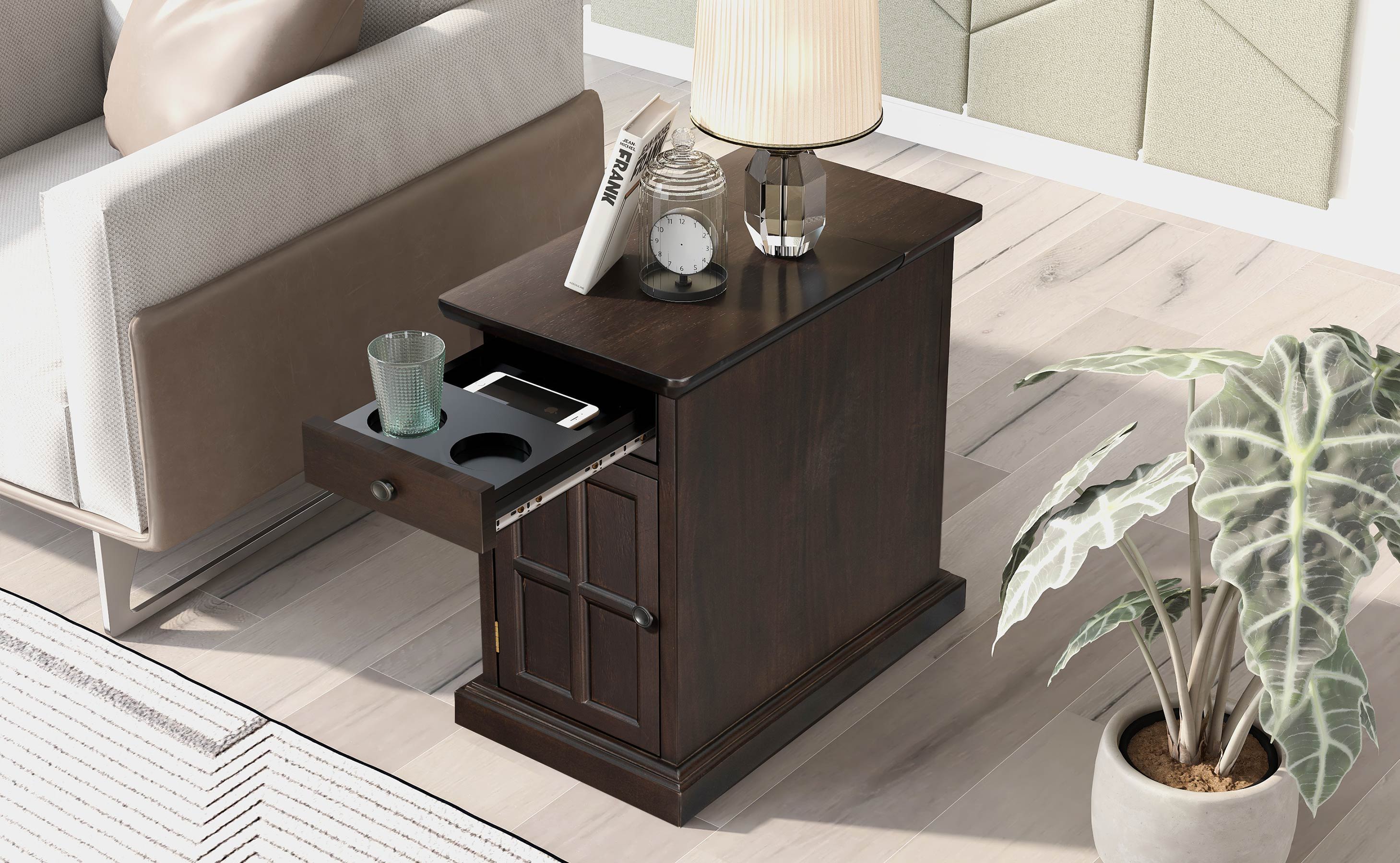U-Can Classic Vintage Livingroom End Table Side Table With USB Ports And One Multifunctional Drawer With Cup Holders, Antique Espresso