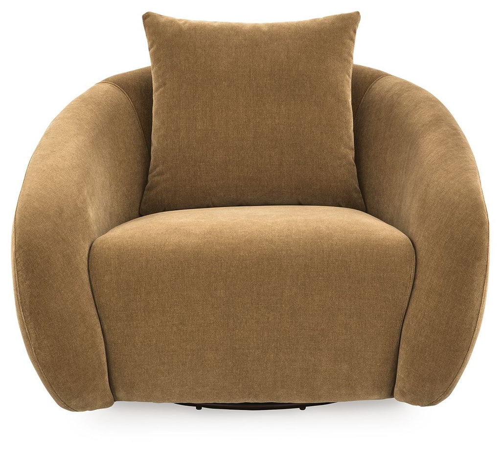 Light brown swivel accent chair with tall backrest, contoured seat, and rounded arms.