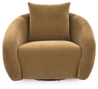 Light brown swivel accent chair with tall backrest, contoured seat, and rounded arms.