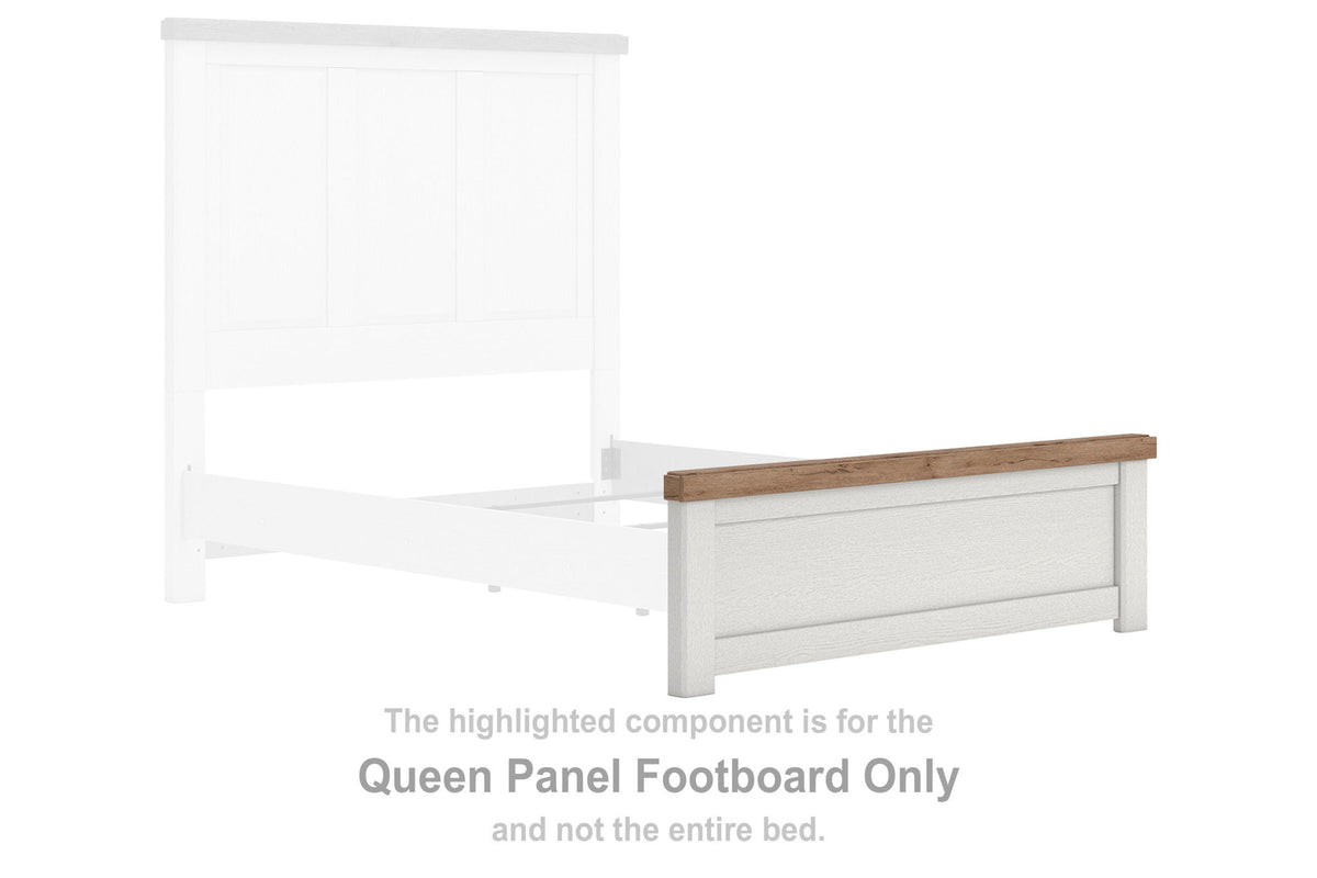 Savonport queen panel footboard in white with brown top edge and paneled front