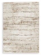 Beige area rug with distressed stripe pattern, low pile.
