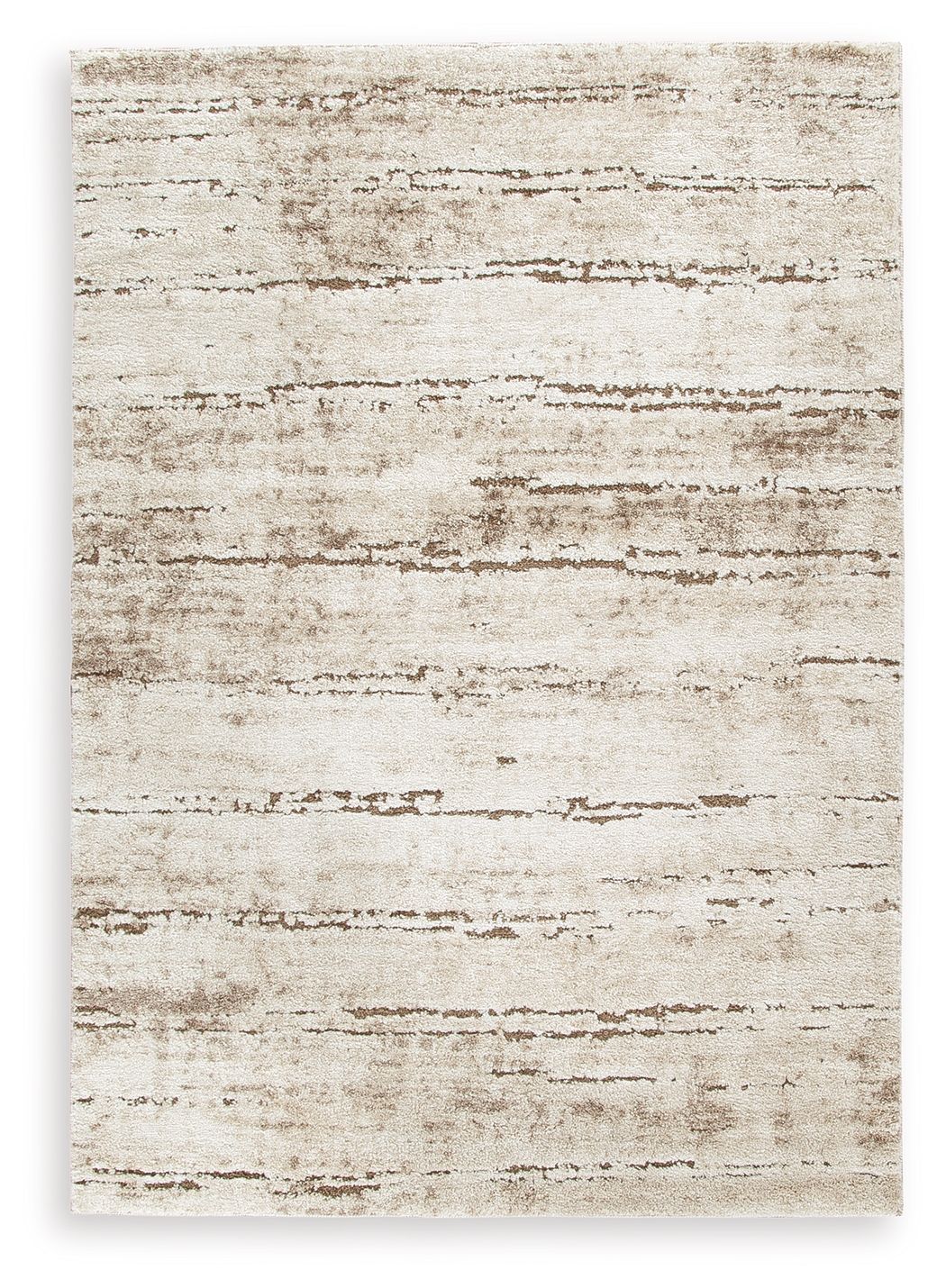 Beige area rug with distressed stripe pattern, low pile.