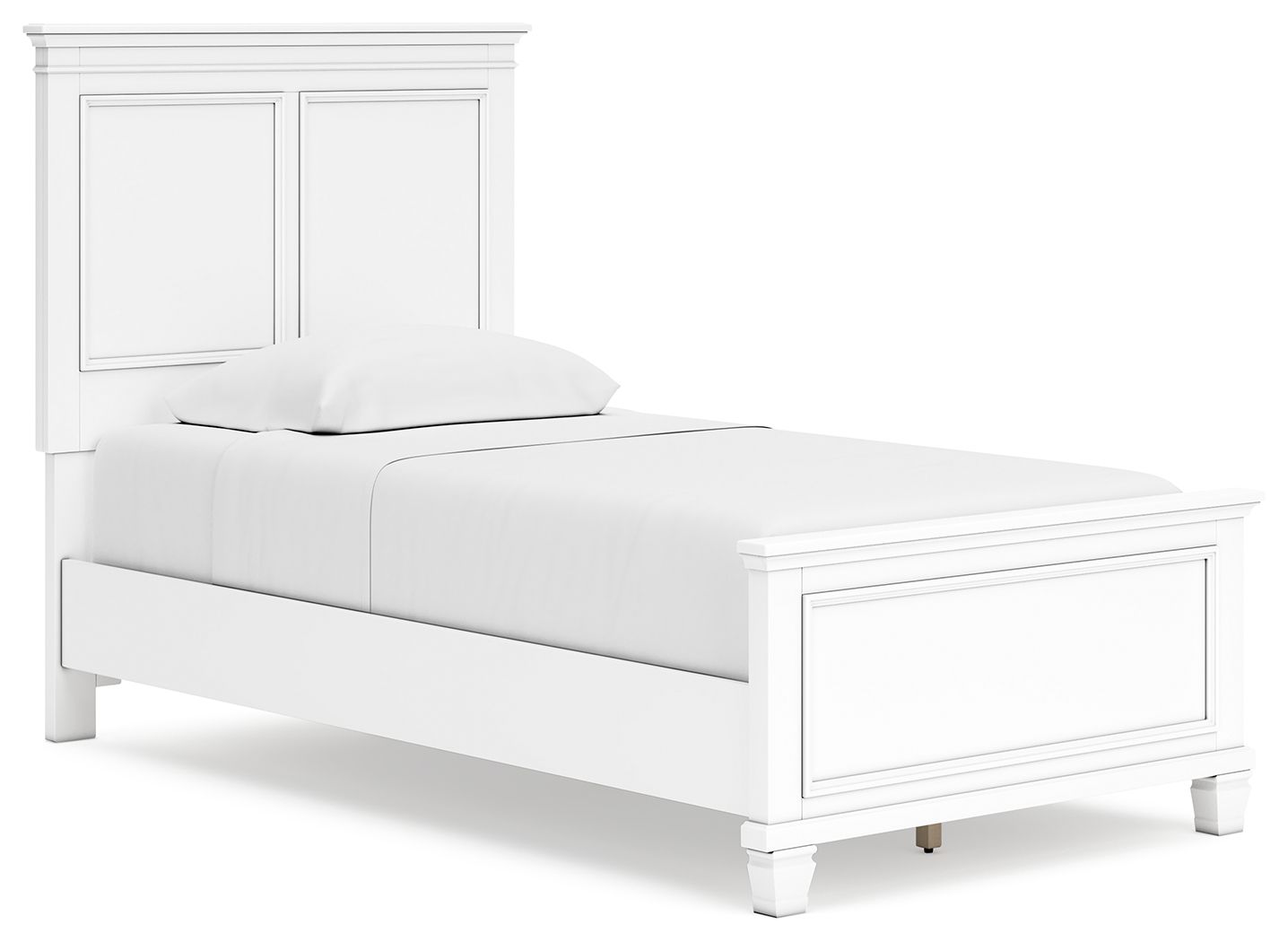 White panel bed with paneled headboard, low footboard, and matching side rails