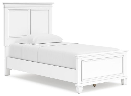 White panel bed with paneled headboard, low footboard, and matching side rails